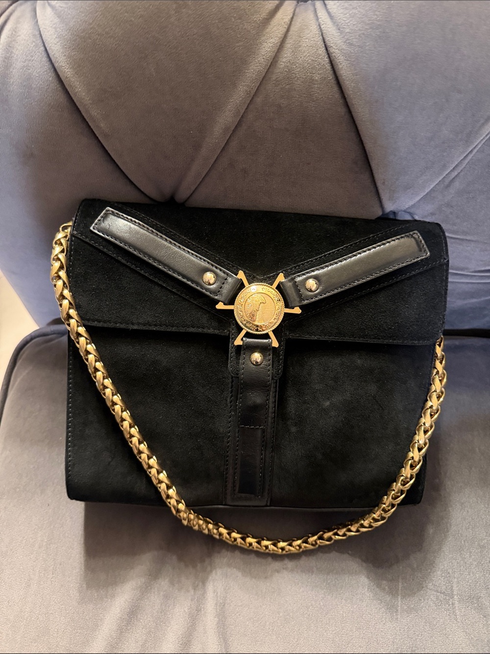 Versace Collection Black Suede Shoulder Bag with Gold Medallion Chain
